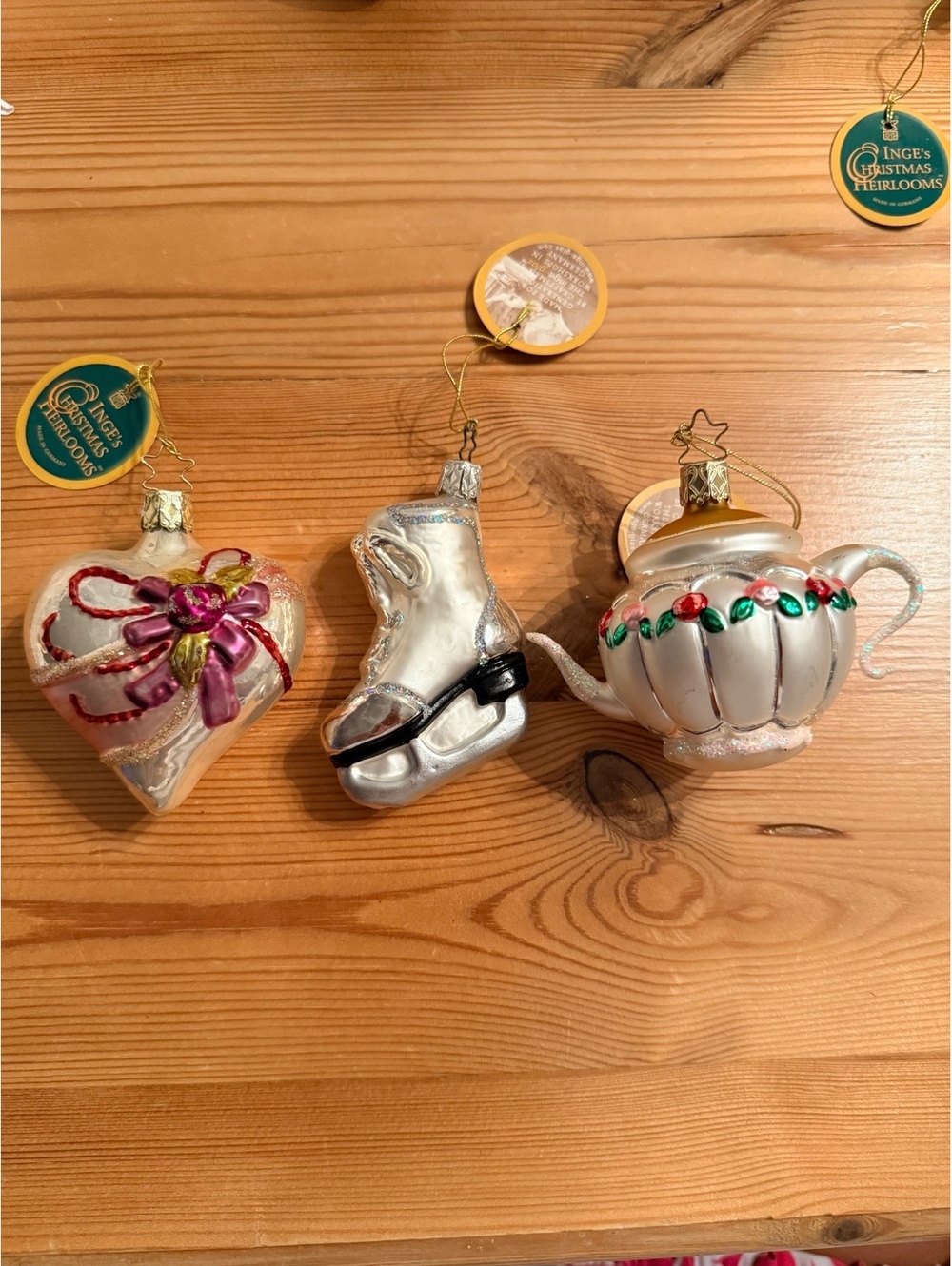 Set of 3 Vintage Inge's Christmas Heirlooms Glass Ornaments - Ice Skate, Heart,